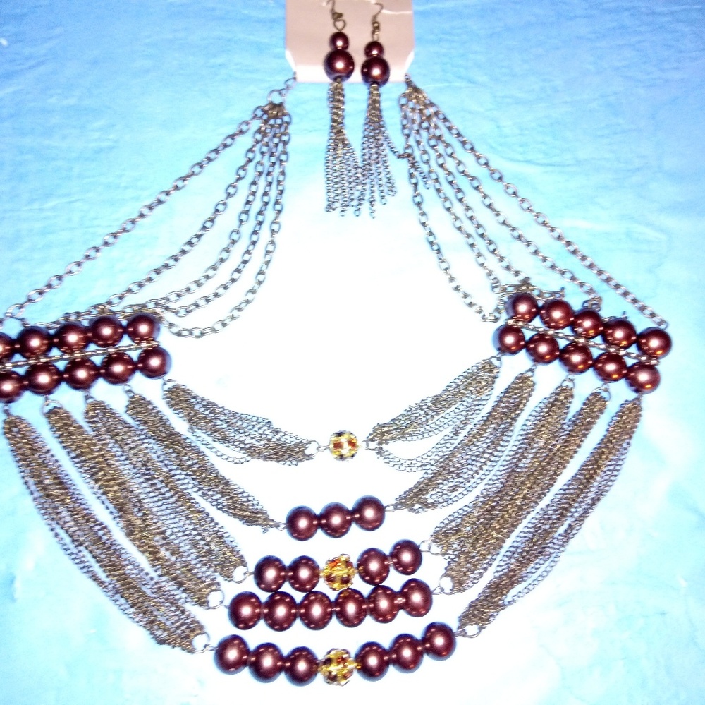 🆕 Boho 📿 & earrings set ♥️ burgundy color pearls